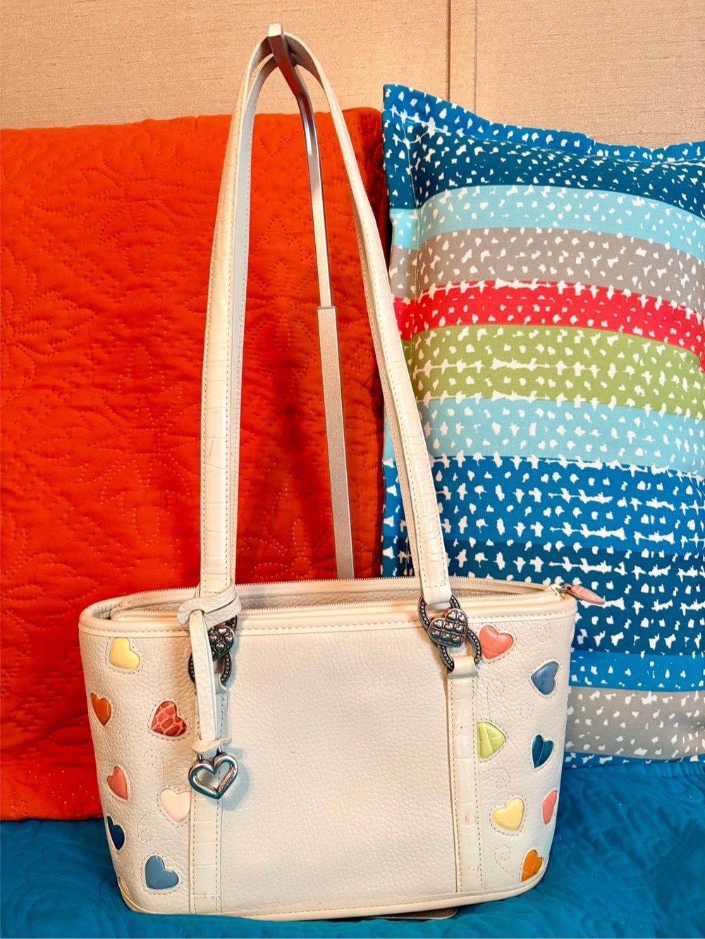 Vintage Brighton Leather Heart Print Tote in White & Multicolor